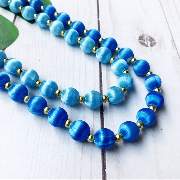 Vintage Jewelry - (2) 60's String Art Ocean Blue Beaded Necklace